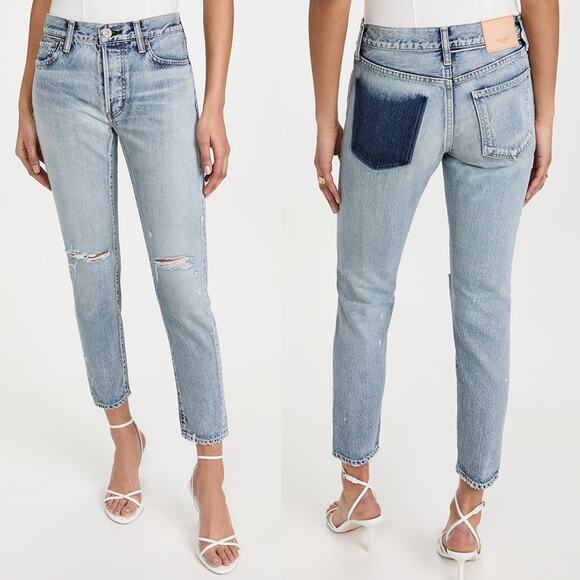Moussy Vintage | MV Maverick Tapered Mid Rise Jeans Light Blue Distressed 29 - Picture 1 of 15